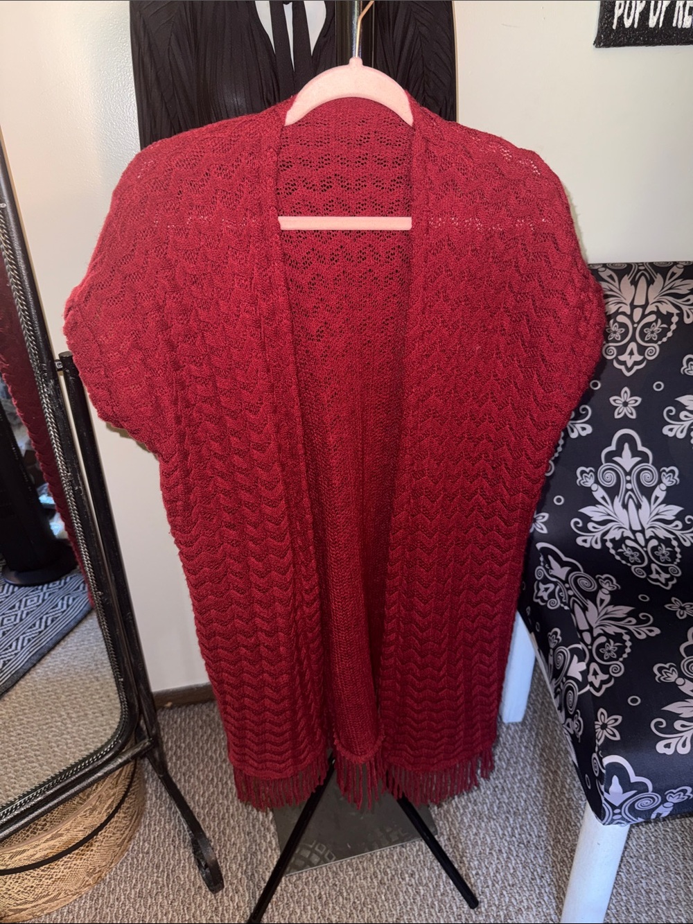 Women's Open-Front Fringe Hem Knit Cardigan Sweater - Red